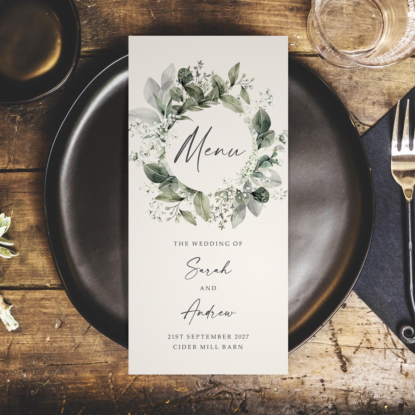 Baby's Breath Wedding Menus – DL Size Custom Wedding Menu Cards with Gypsophila Greenery Decor