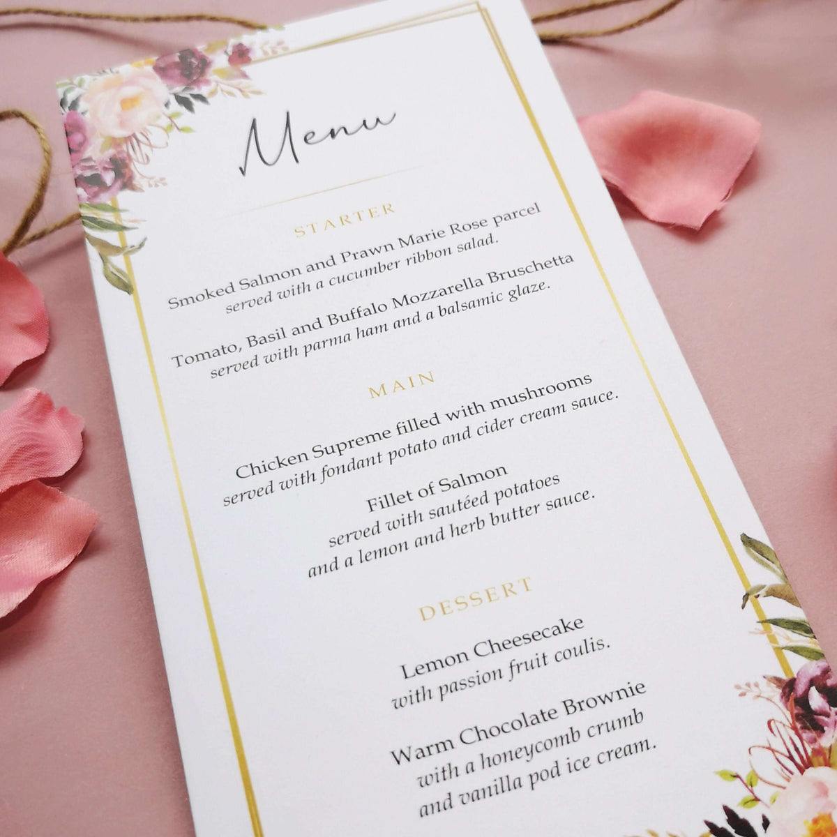 Blush Gold Wedding Menus – Personalised DL Size Menus With Pink Florals & Gold Border