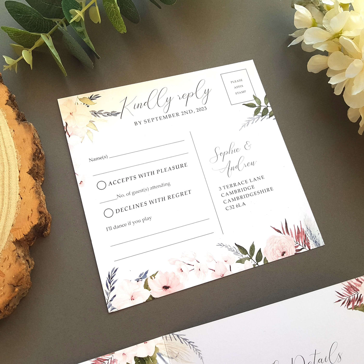 Blue & Pink Boho Trifold Wedding Invitation Sample