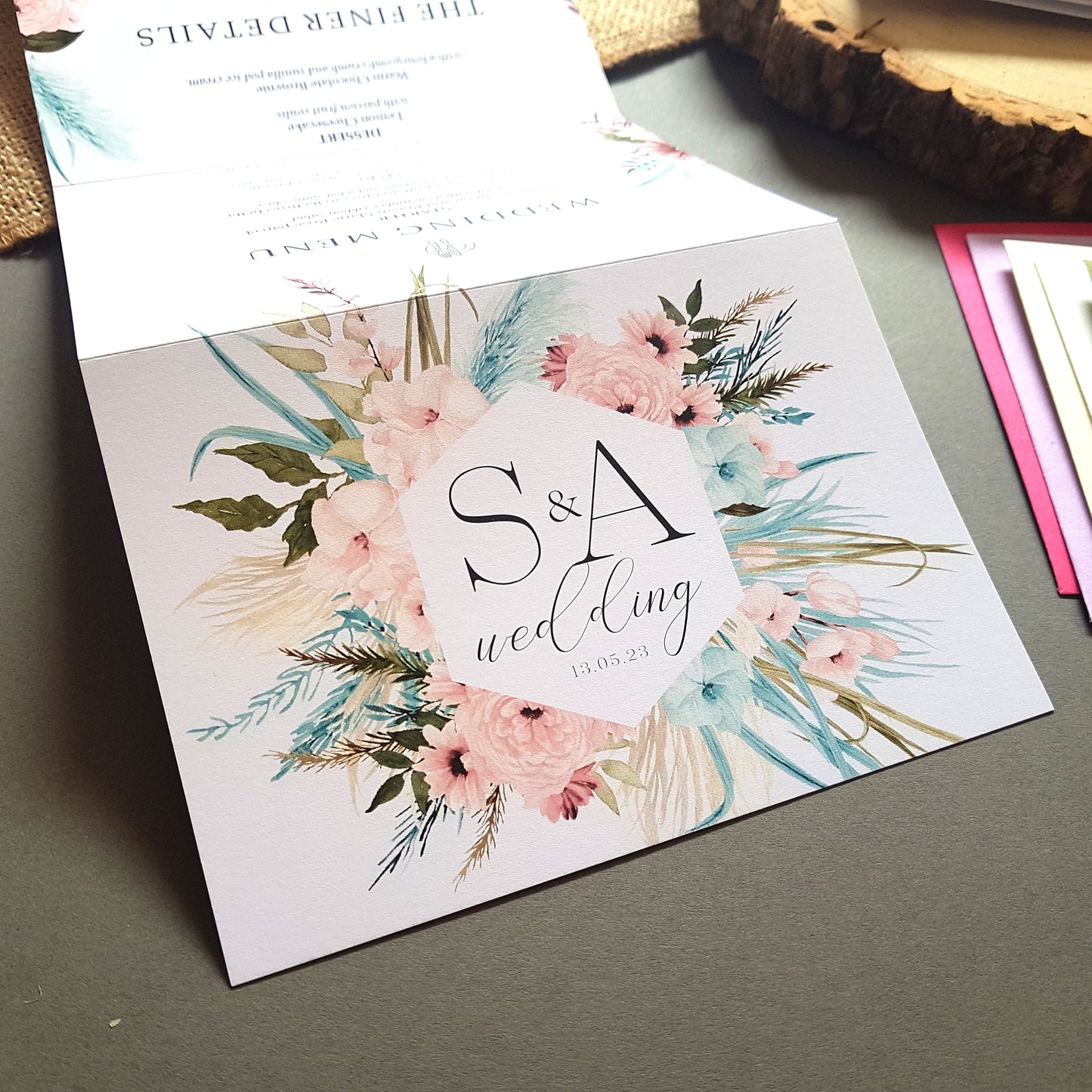 blue and pink boho wedding invitation sample