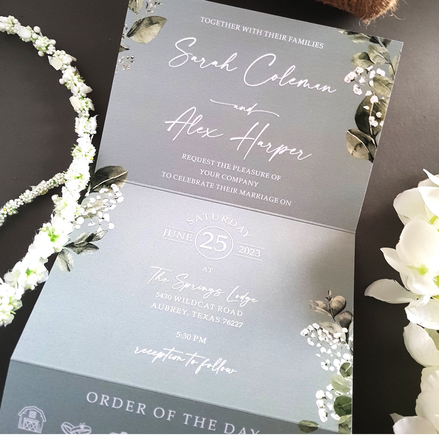 Blue Baby's Breath Concertina Wedding Invitations Sample