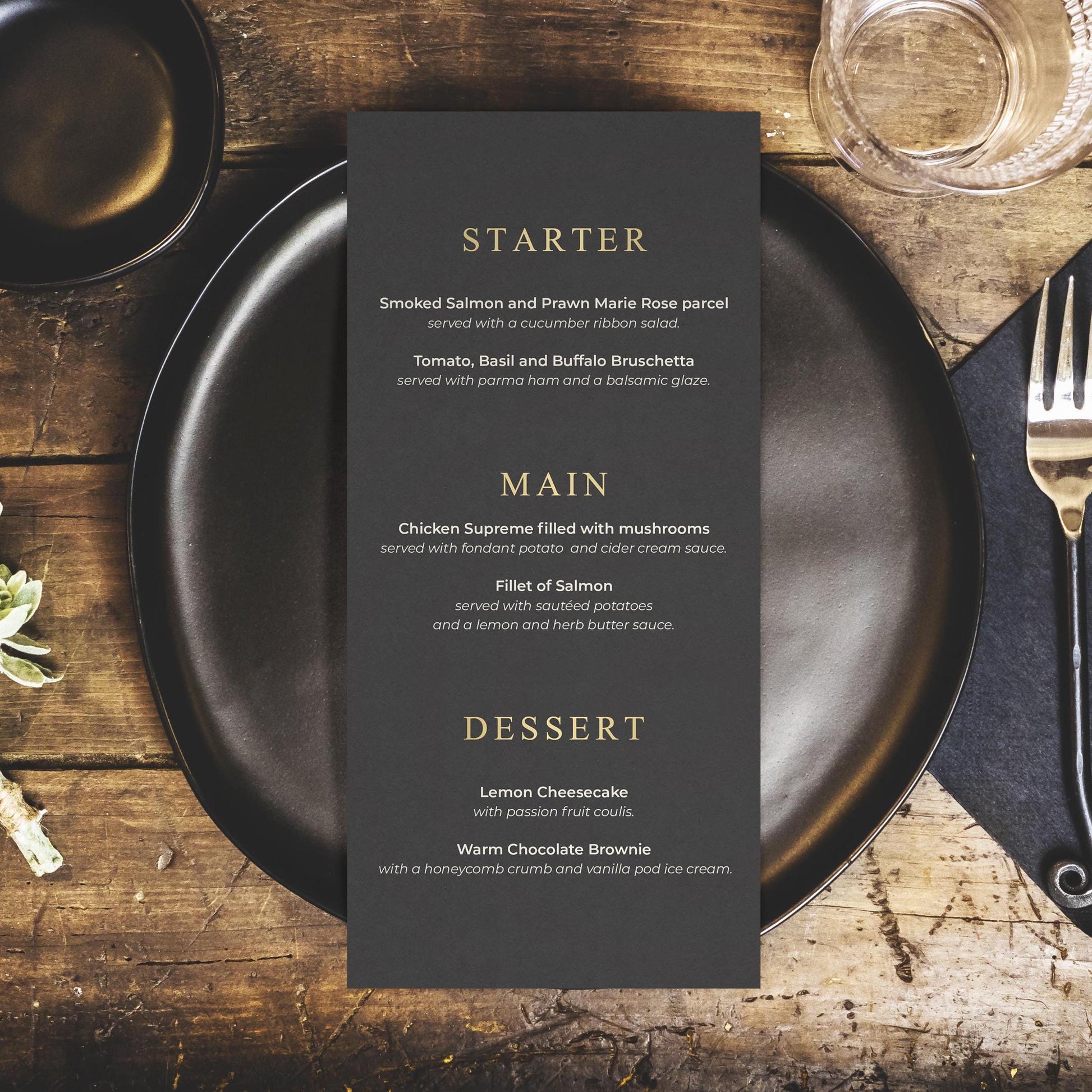 Minimalist gold wedding menus with a monogram personalised, charcoal colour