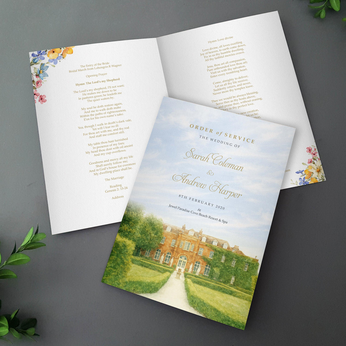 Watercolour Garden Order of Service | YOUR VENUE IMAGE transformed to Watercolour