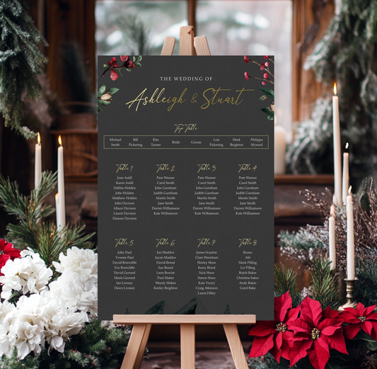 A wedding seating plan displayed on an easel, with a festive background of holiday decorations and candles.