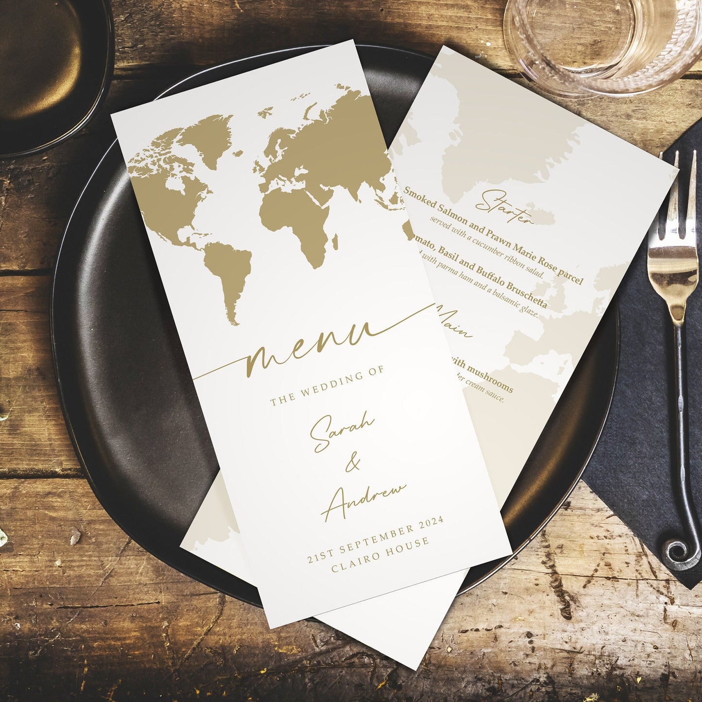 Personalised Wedding Menus – DL Size Gold Passport Style Menus in Any Colour
