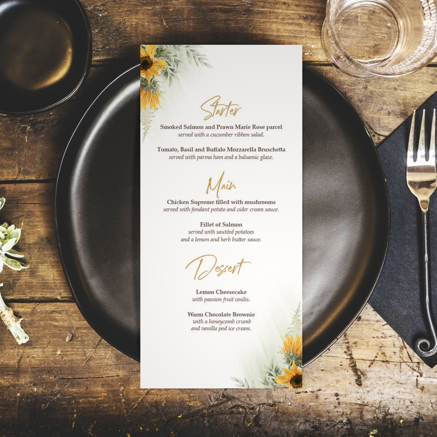 Sunflower Wedding Menus Personalised