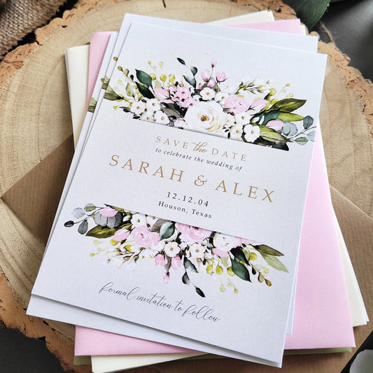 White blush floral save the date cards are the perfect way to announce your big day to your guests! They are available as save the dates, save the evening or save the weekend and include a choice of envelopes
