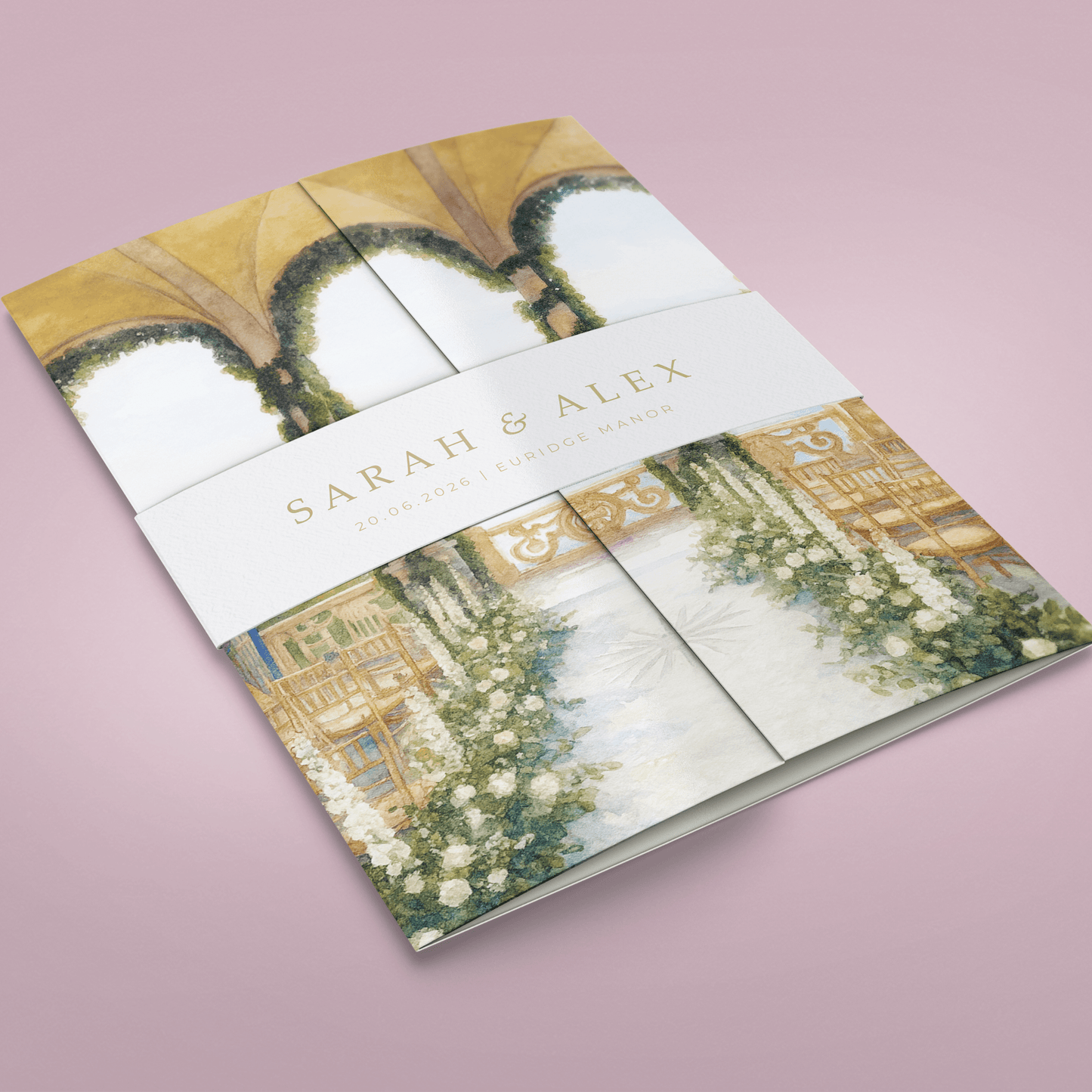 Custom Venue Watercolour Wedding Invitations White Floral Gatefold