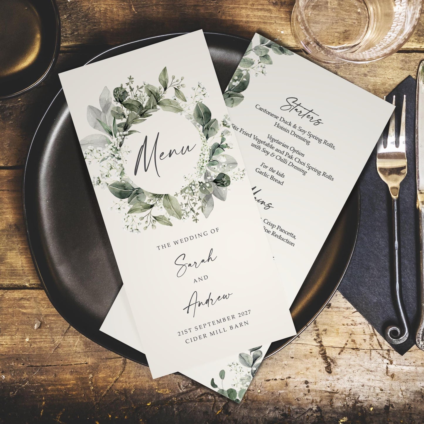 Baby's Breath Wedding Menus – DL Size Custom Wedding Menu Cards with Gypsophila Greenery Decor