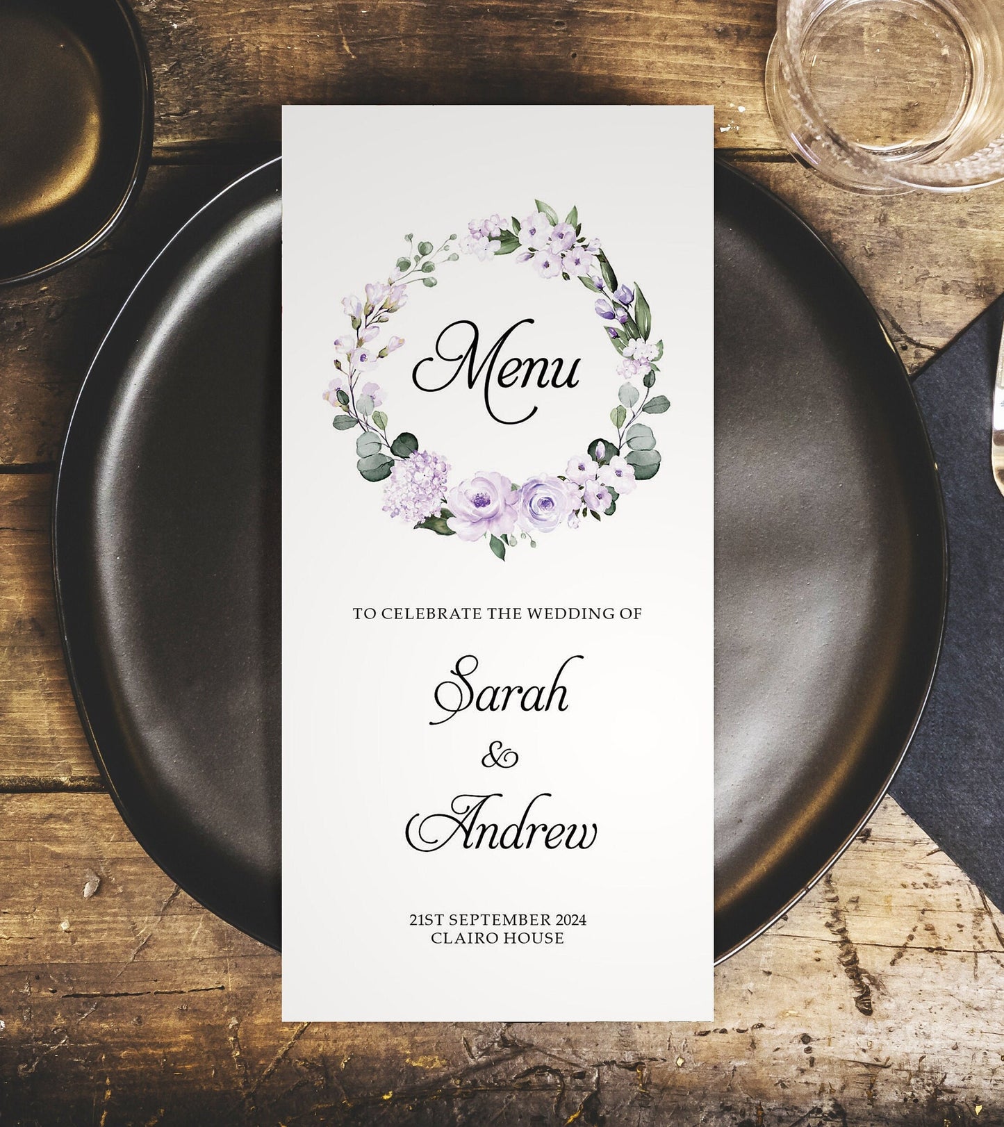 Personalised Wedding Menus – Lilac Floral DL Size Menu Cards