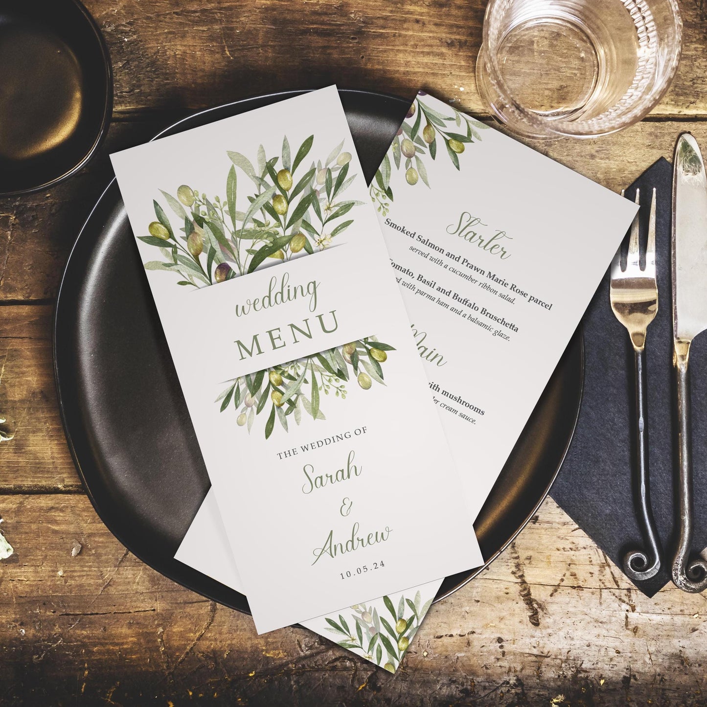 Mediterranean wedding menu cards, italy, cyprus olives wedding menus