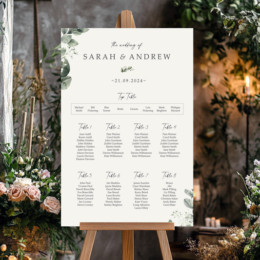 baby's breath Wedding seating chart on an easel with gypsophila