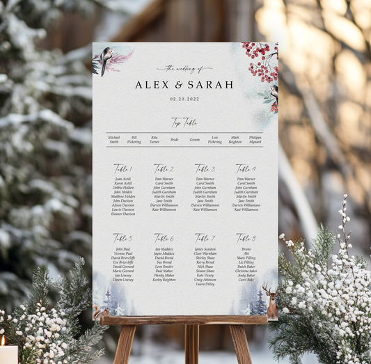 a wedding seating plan for the wedding of Alex & Sarah, dated February 20, 2023. The plan is organized into tables numbered 1 through 8, each with a list of names seated at that table. The seating plan is presented on a wooden easel, with a blurred background featuring snow-covered trees and bushes.