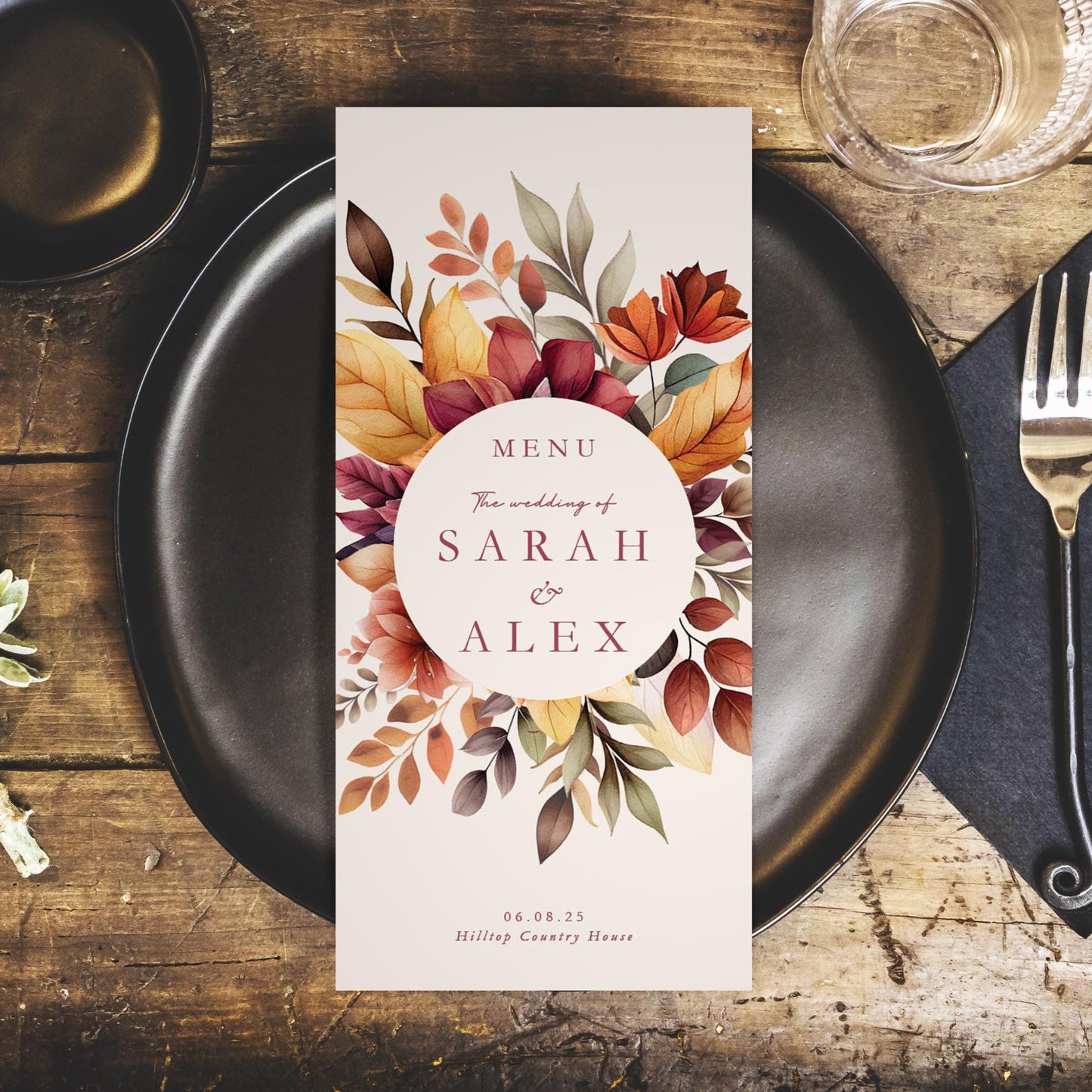 Personalised Wedding Menus - Autumn DL Size Burgundy Orange & Red Menu Cards