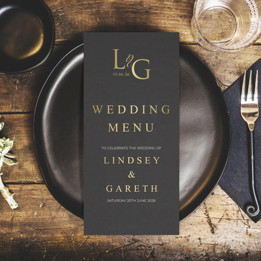 Minimalist gold wedding menus with a monogram personalised, charcoal colour