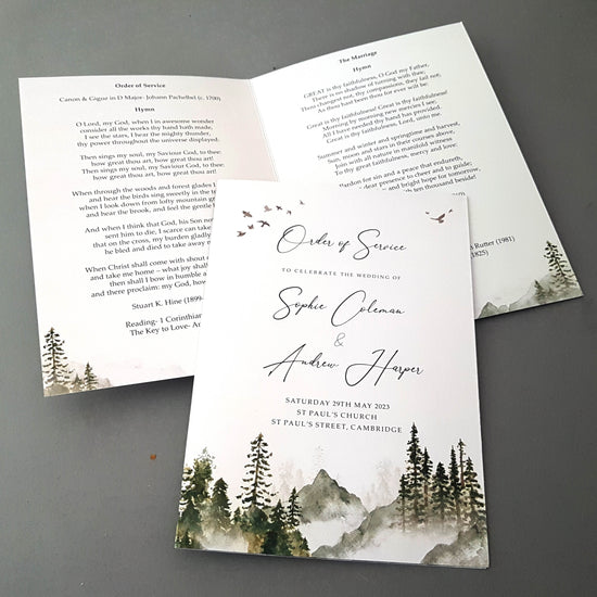 Misty forest order of service for weddings featuring wedding program and order of the day