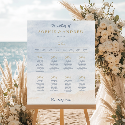Beach Wedding seating chart featuring sea and sand perfect for a coastal wedding