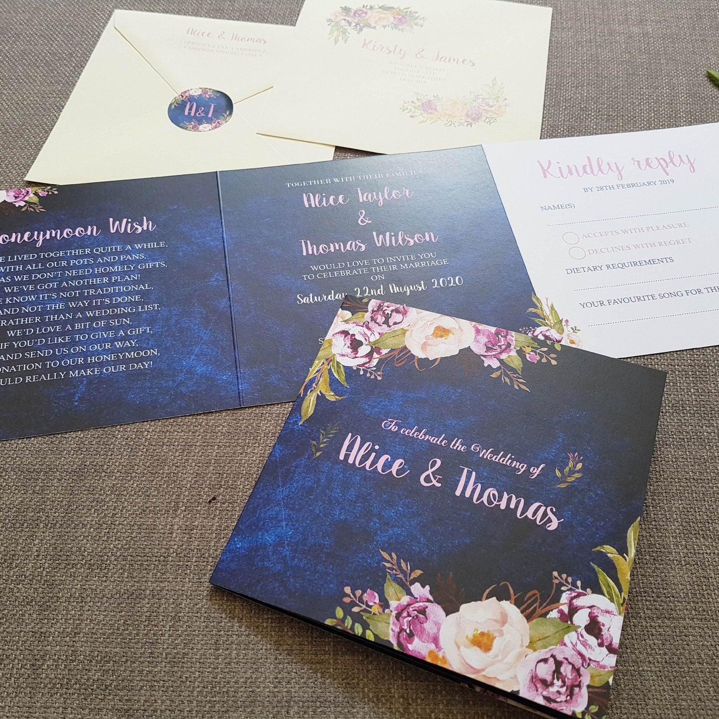 Navy Floral Trifold Wedding and Evening Invitation