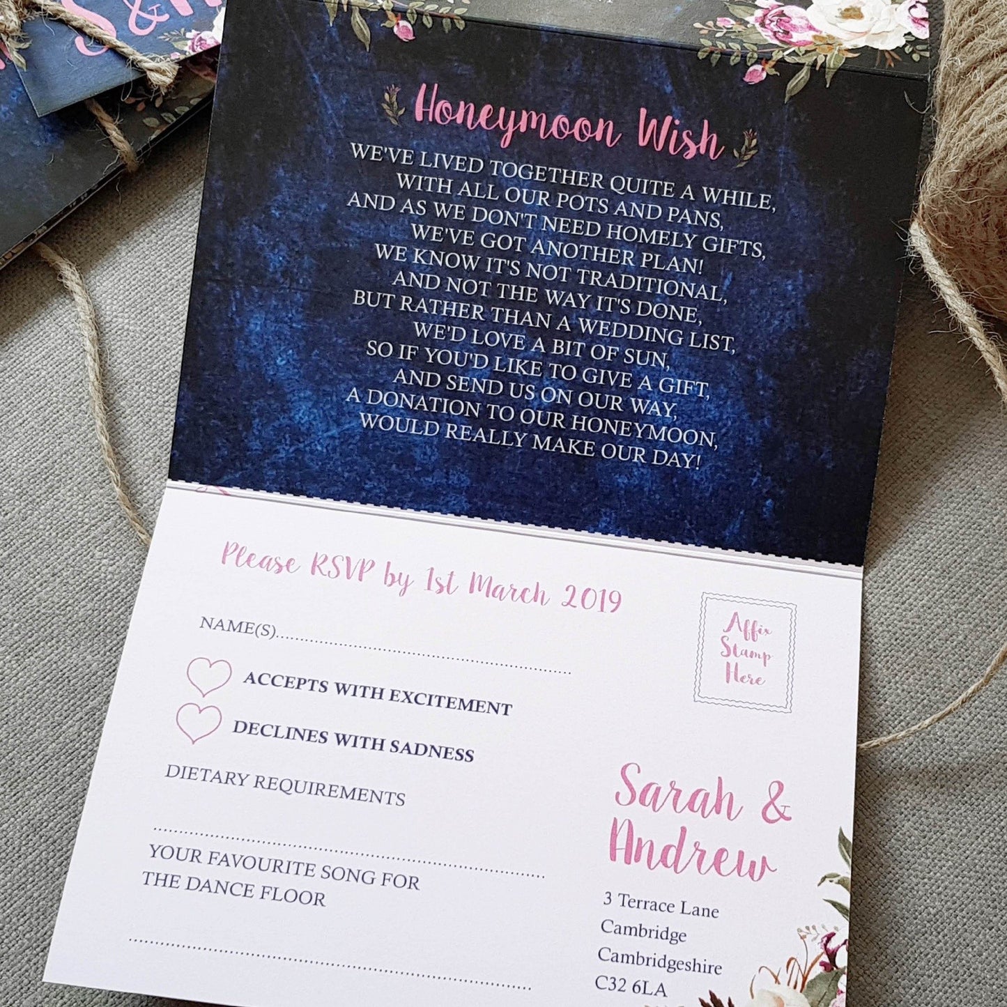 Navy Pretty Floral Concertina Wedding and Evening Invitation