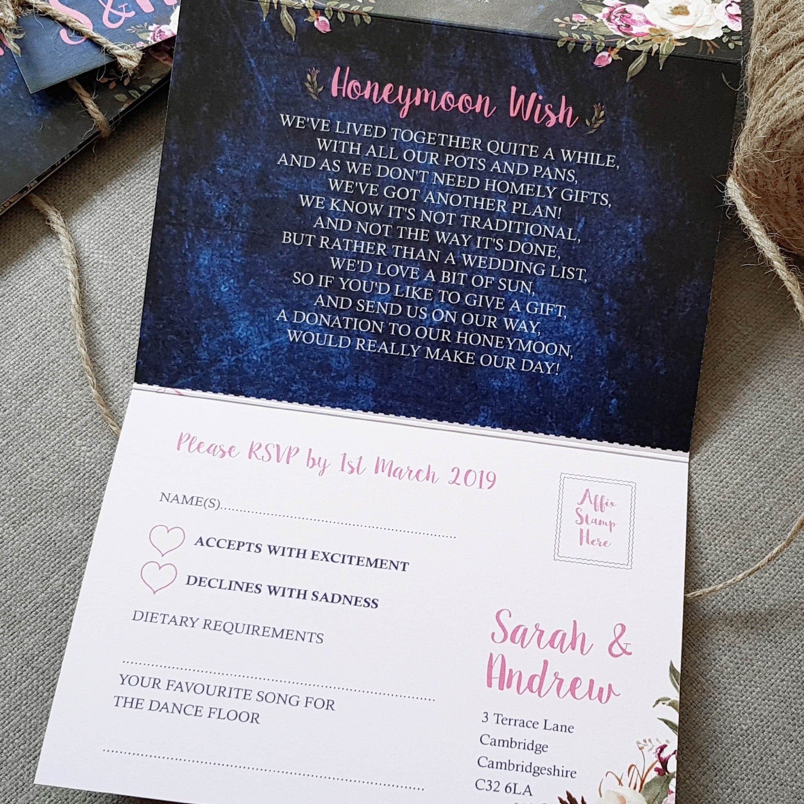 Navy Pretty Floral Concertina Wedding and Evening Invitation