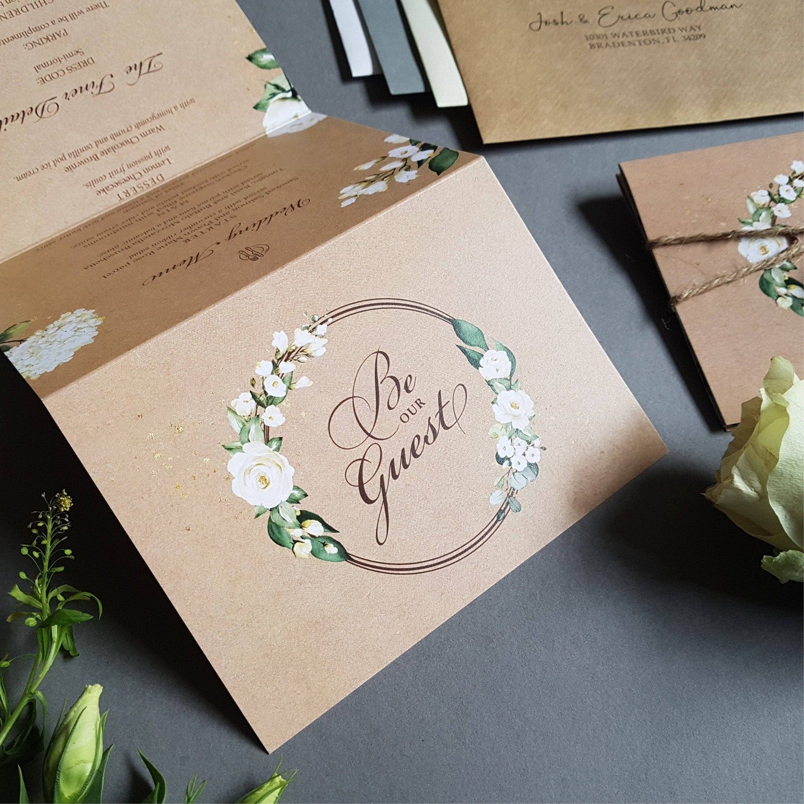 Rustic Kraft Be Our Guest White Floral Concertina Wedding Invitations Sample