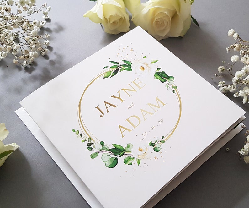 White Floral Gold Trifold Wedding and Evening Invitation