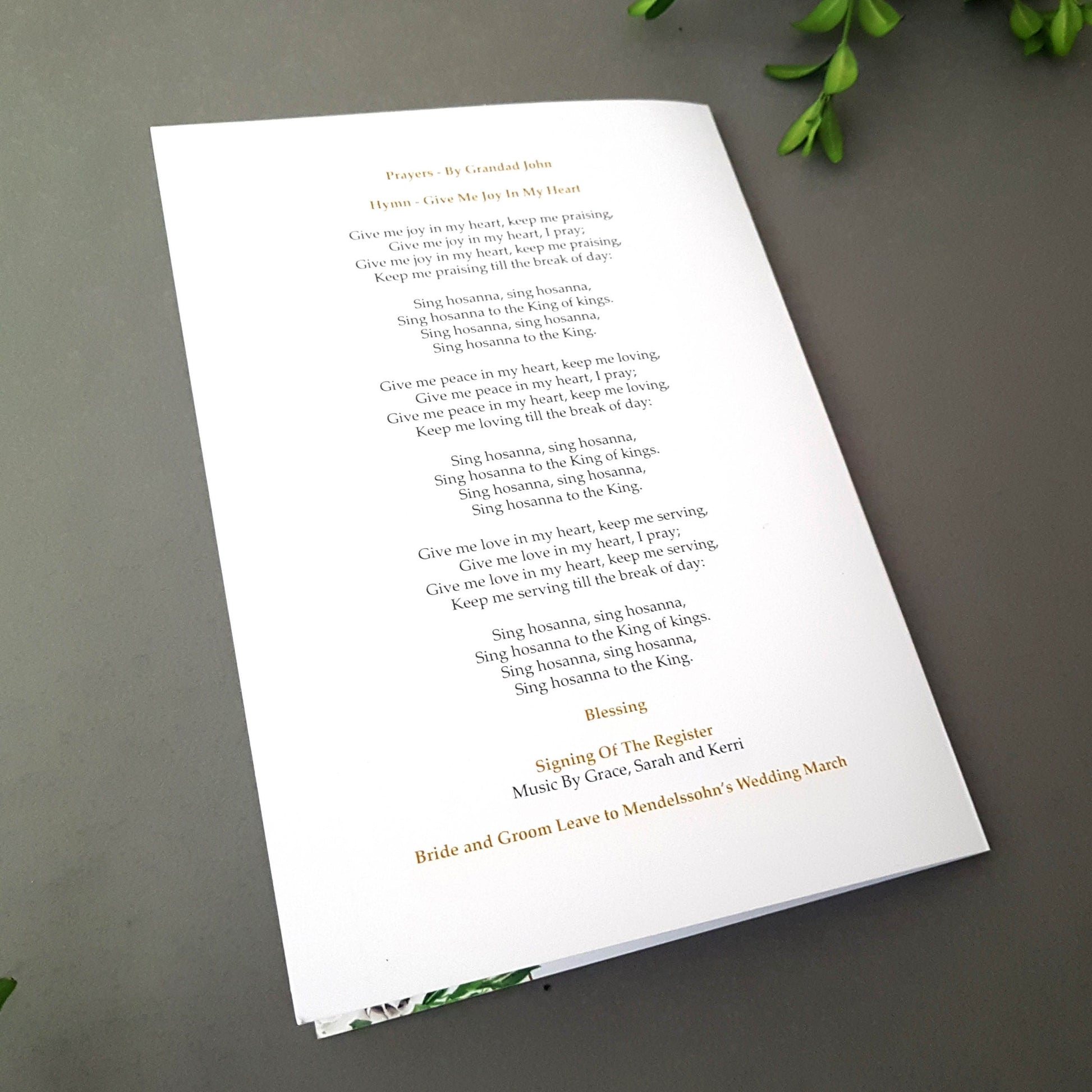 White Floral Gold Wedding Order of Service