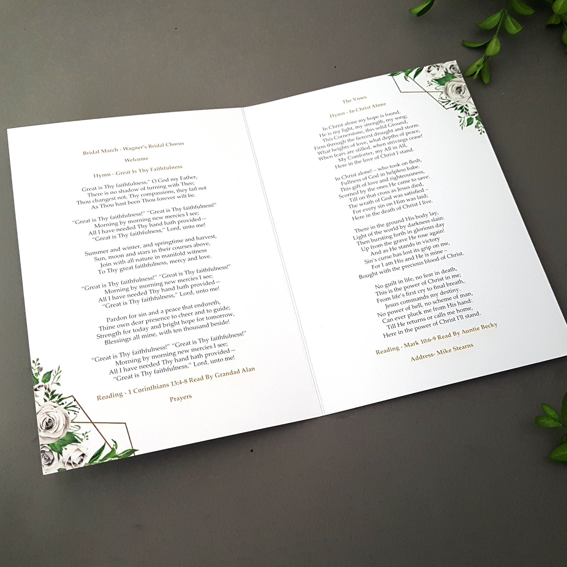 White Floral Gold Wedding Order of Service