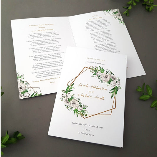 White Floral Gold Wedding Order of Service