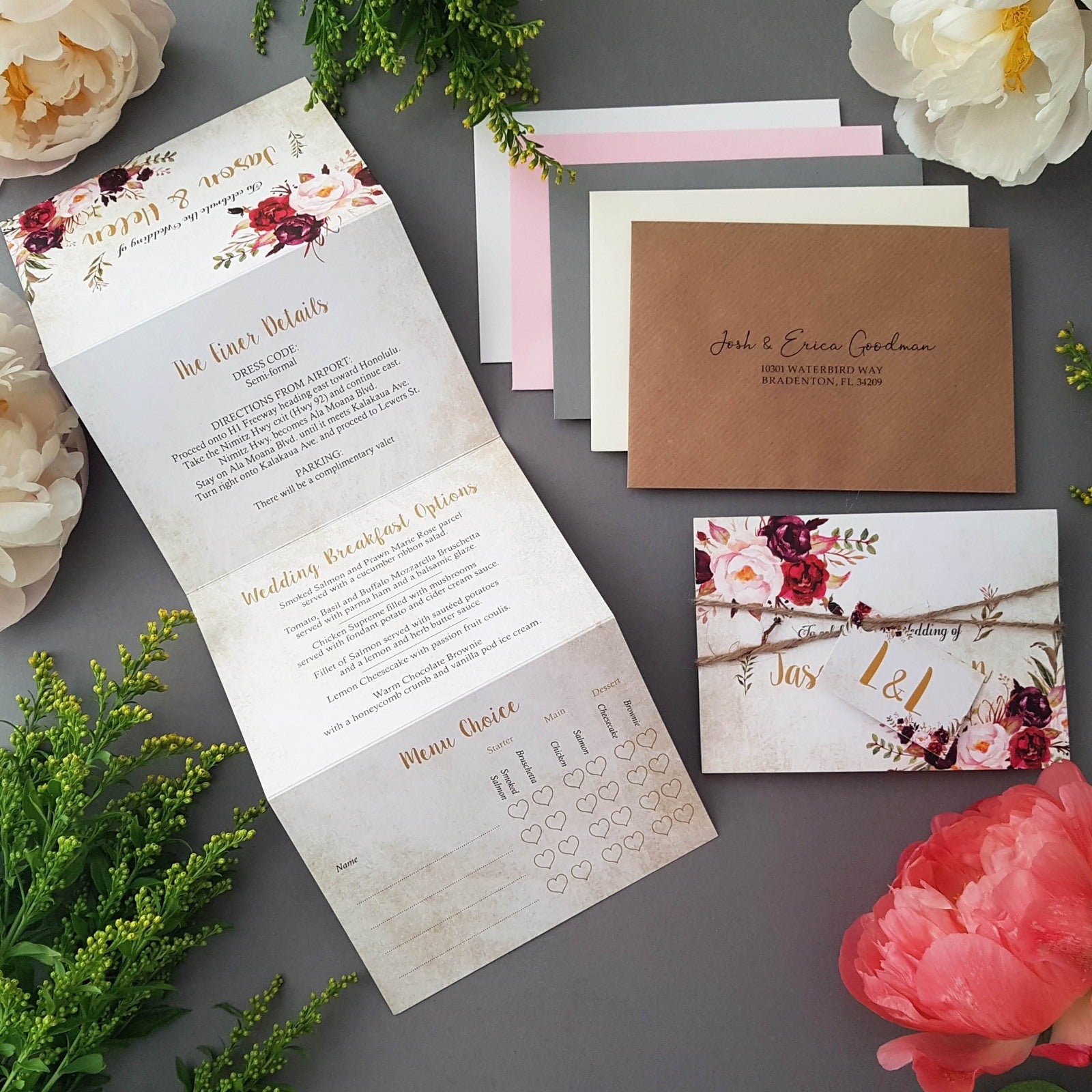Wild Floral Concertina Wedding Invitations, Tag & Twine Sample