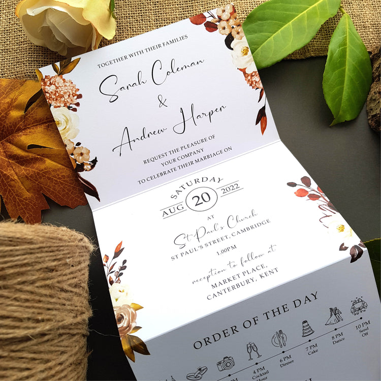 Boho wedding invitations range features an array of Bohemian autumn florals with a stylish font