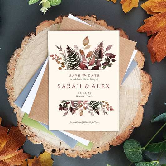 Burgundy save the date cards suitable for an autumn wedding