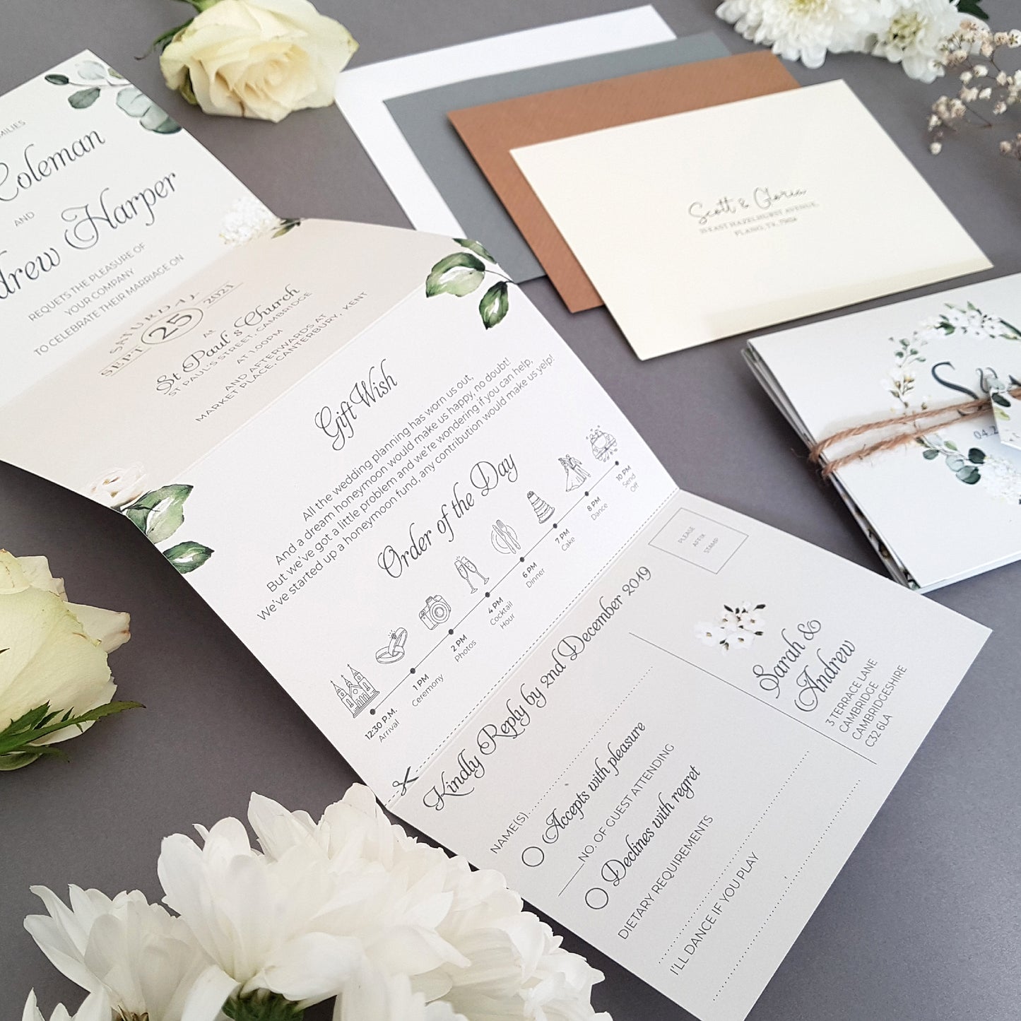 White Floral Concertina Wedding Invitations