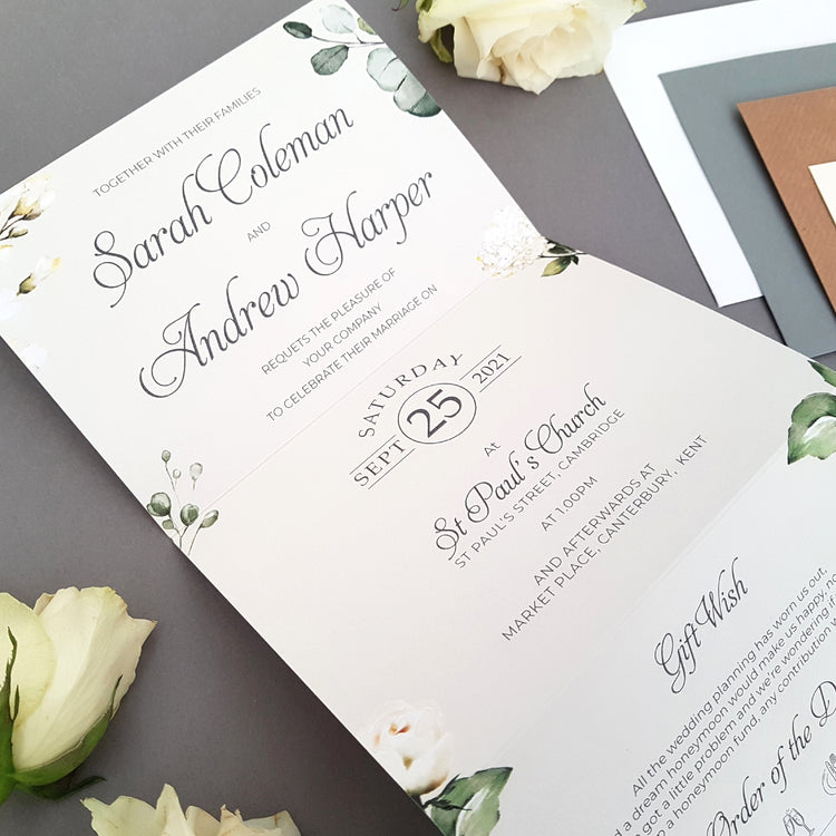 White Floral Concertina Wedding Invitations