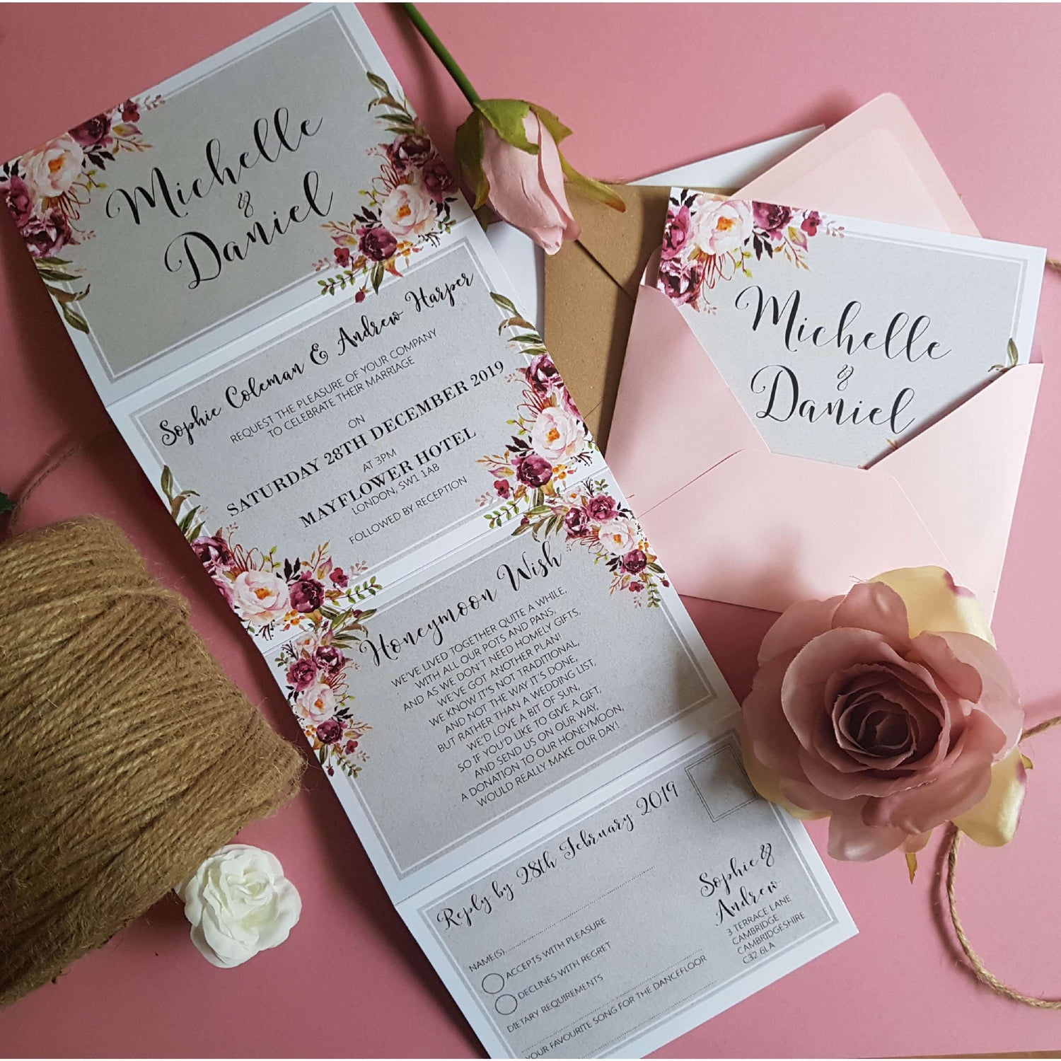 Blush & Grey Floral Concertina Wedding Invitations Package