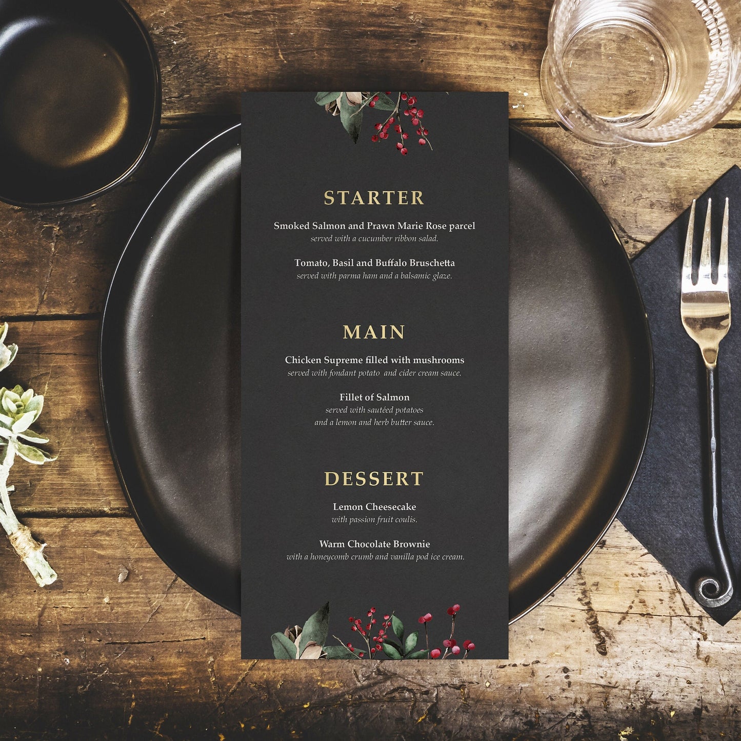 Winter Wedding Menus - Christmas DL Size Menus With Holly & Berries
