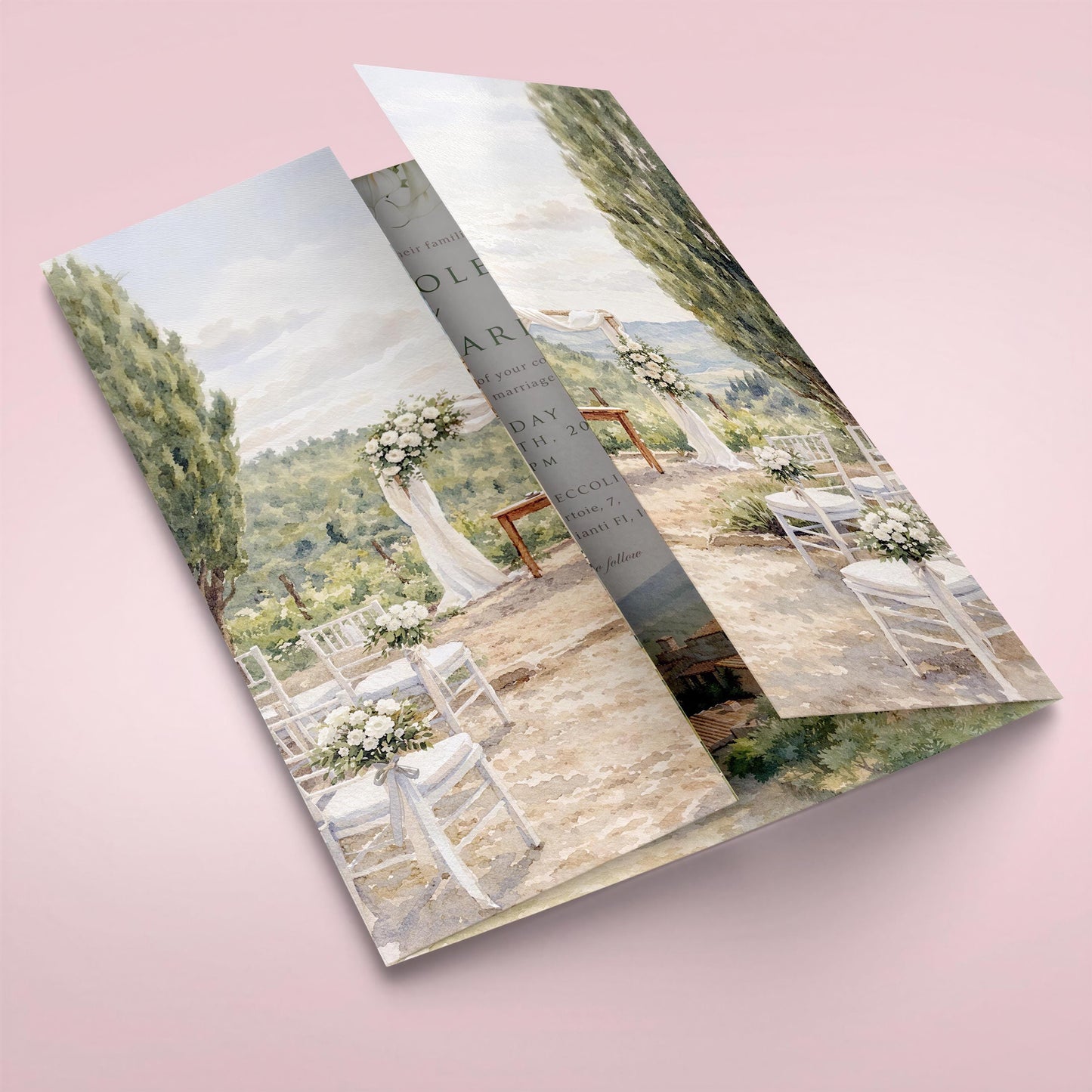 The image is a collage of two pictures, one depicting a scenic outdoor wedding venue with chairs, flowers, and a scenic backdrop, and the other showing a scenic outdoor wedding venue with chairs, flowers, and a scenic backdrop.