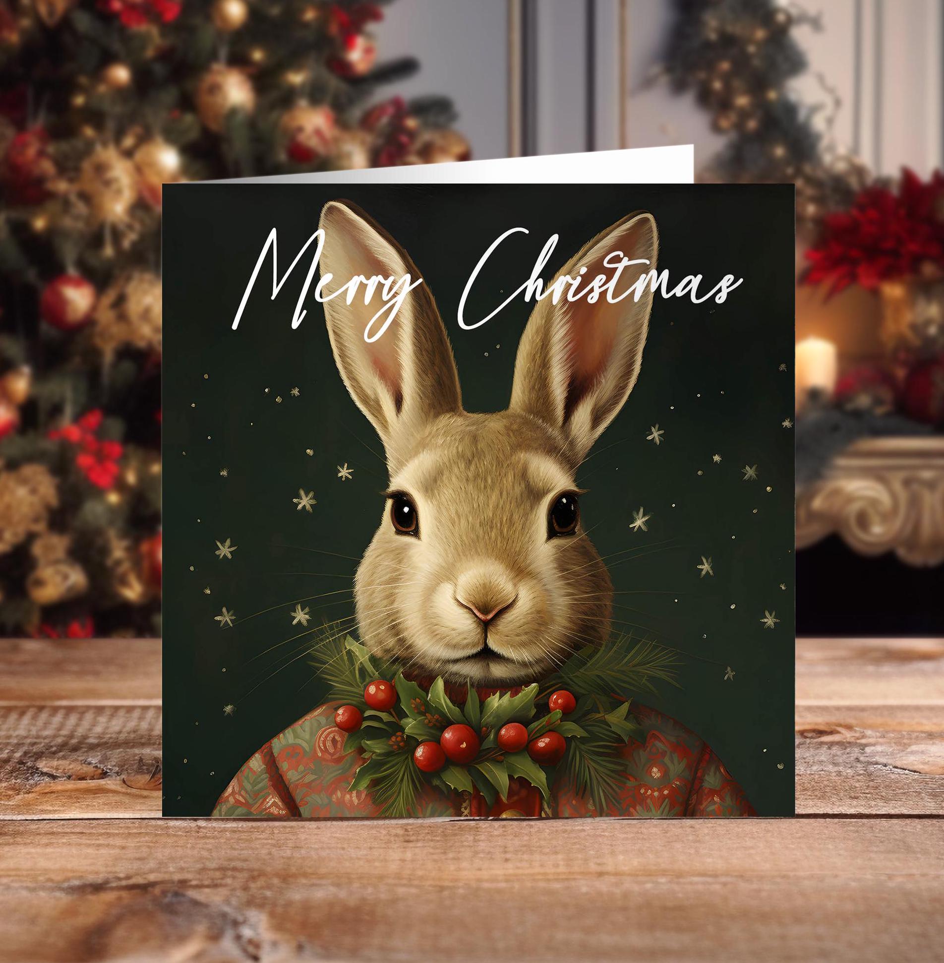 Hare handmade christmas card with kraft envelopes square design and optional personalisation