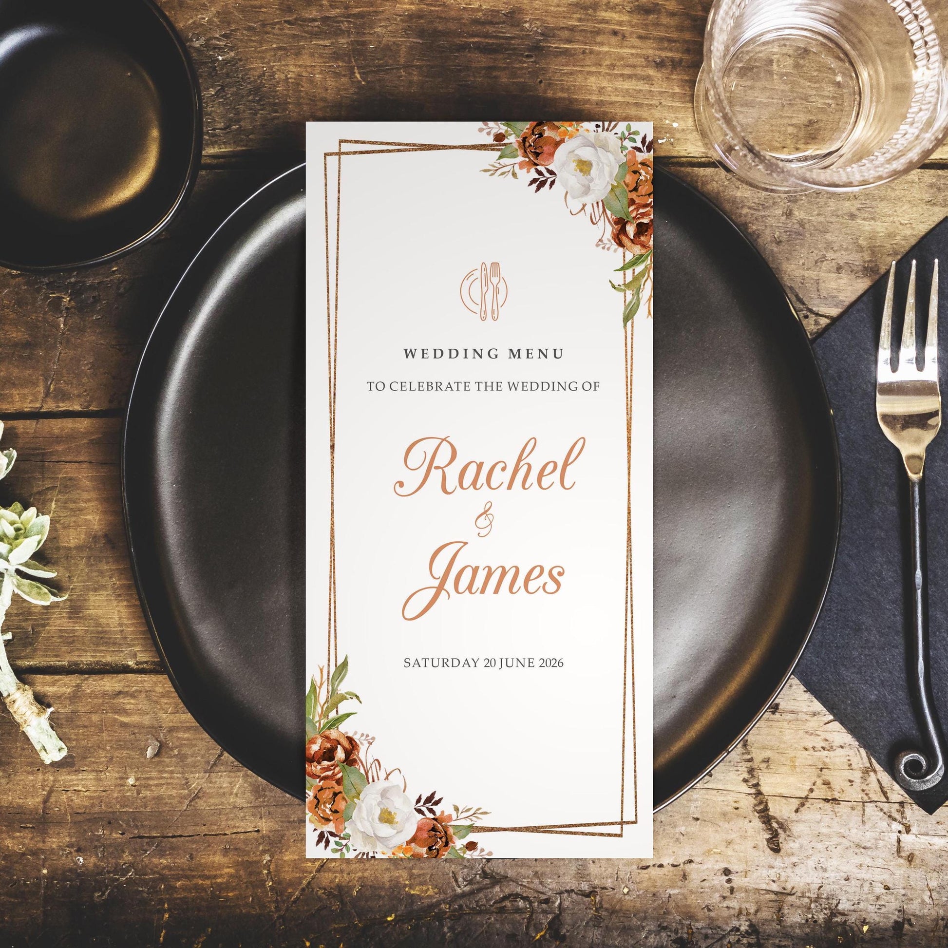 Autumn floral wedding menus with orange hues and a copper border personalised