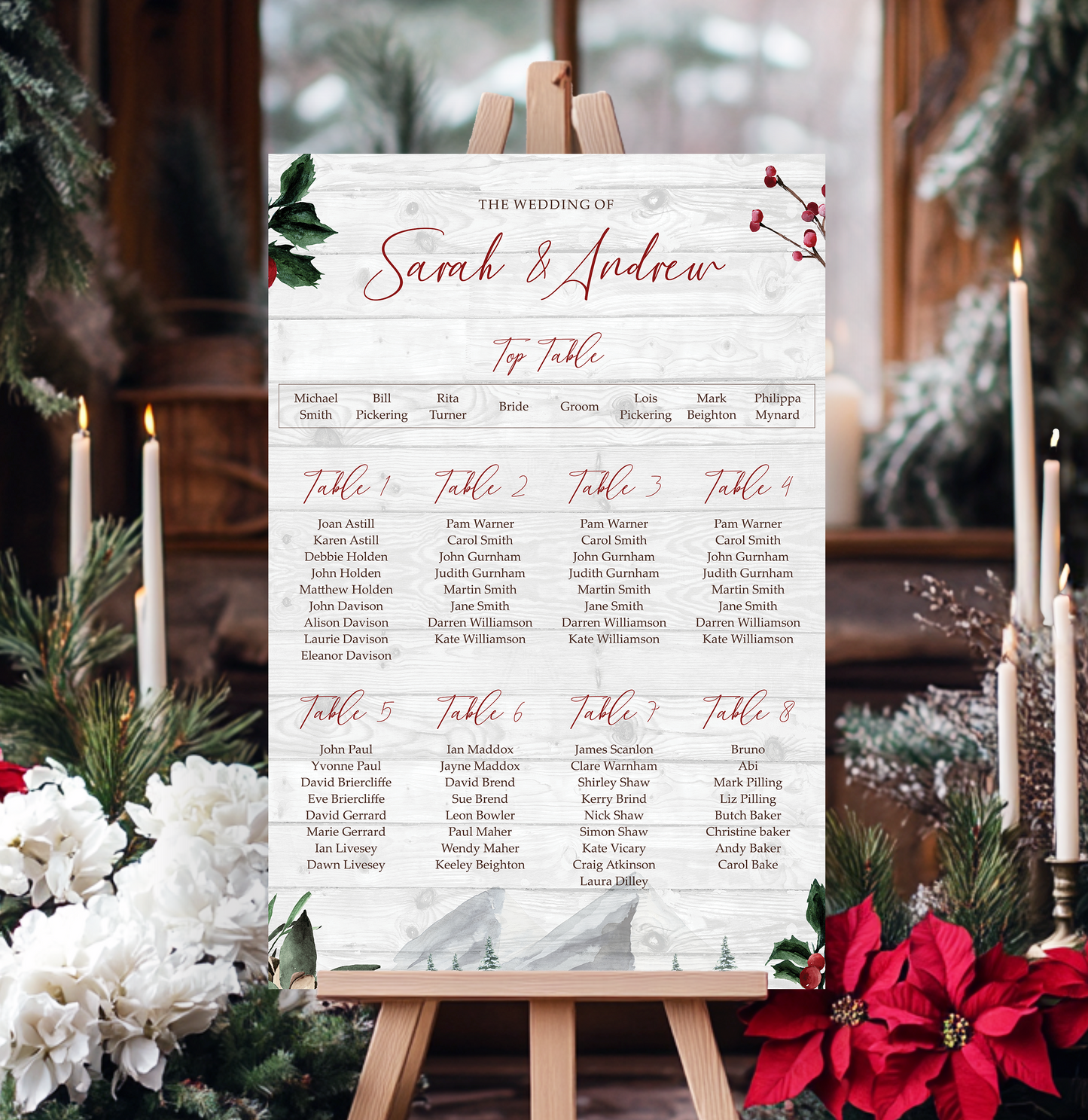 a wedding reception seating plan for the wedding of Sarah and Andrew. The seating plan is organized into tables numbered 1 through 8, with each table assigned a name and a list of guests. The seating plan is presented on an easel, surrounded by candles and greenery, creating a festive atmosphere.