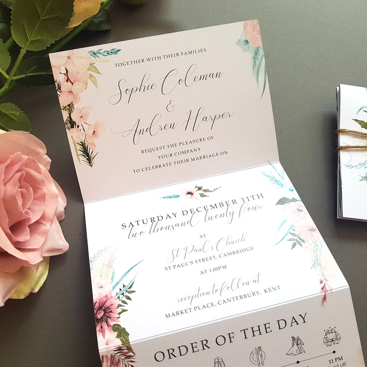 blue and pink boho wedding invitation sample