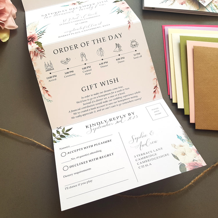 blue and pink boho wedding invitation sample