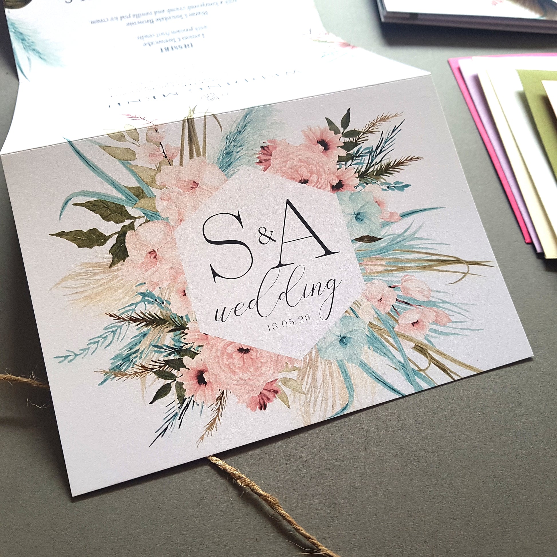 blue and pink boho wedding invitation sample