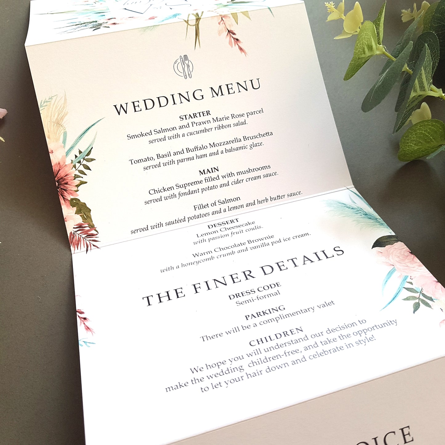 blue and pink boho wedding invitation sample