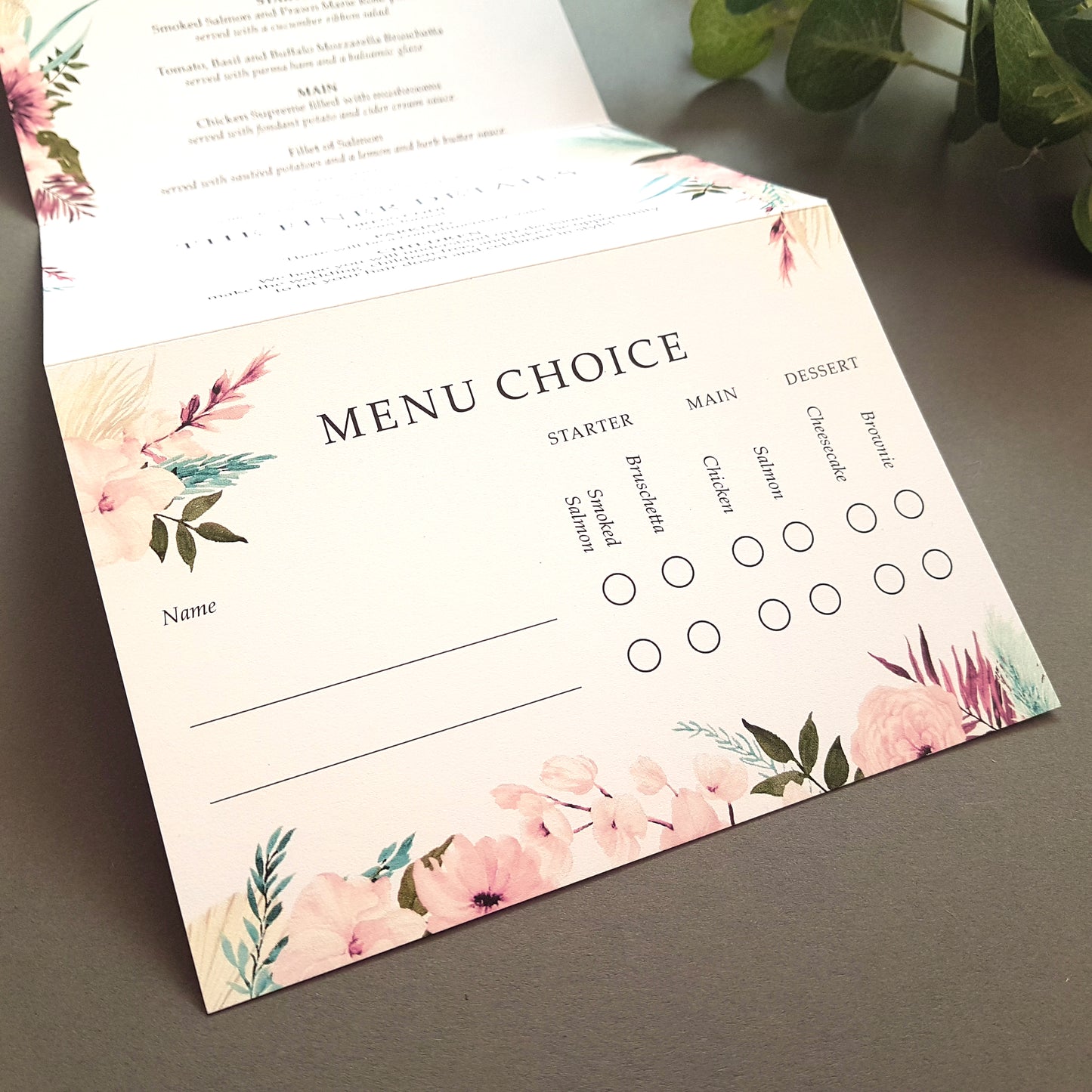 blue and pink boho wedding invitation sample