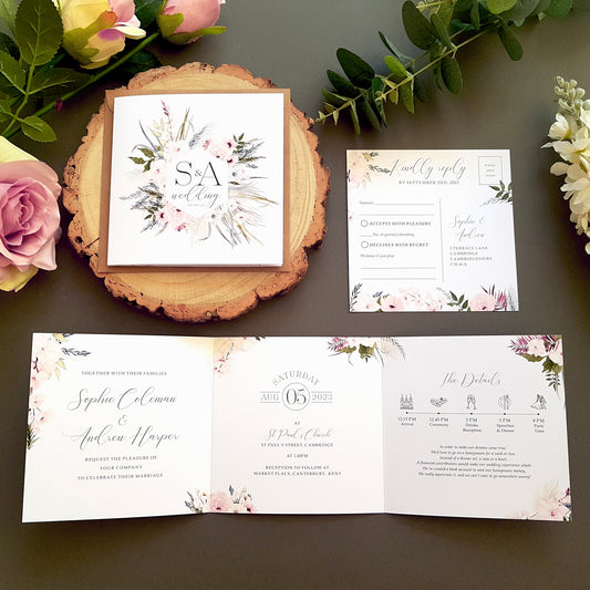Blue Pink Boho Trifold Wedding Invitations - Bohemian Style