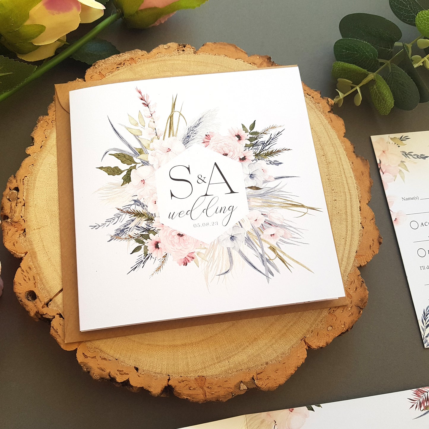 Blue Pink Boho Trifold Wedding Invitations - Bohemian Style