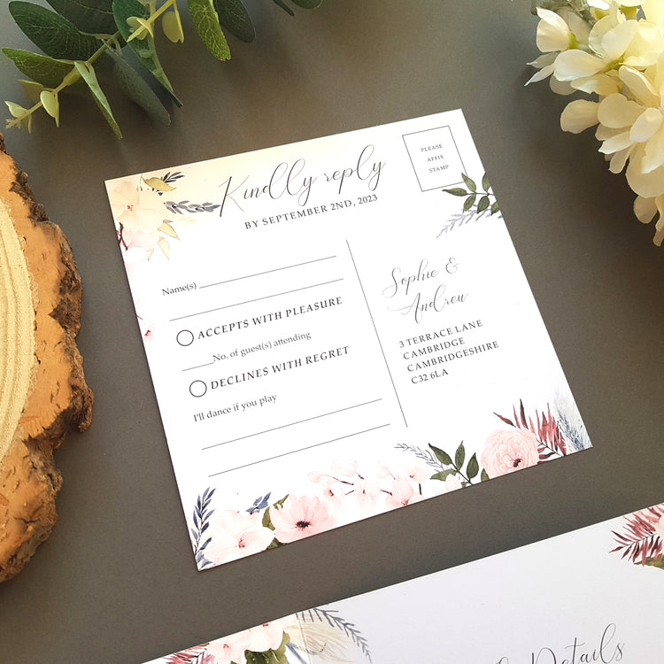 Blue & Pink Boho Trifold Wedding Invitation Sample
