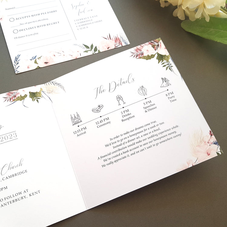 Blue & Pink Boho Trifold Wedding Invitation Sample