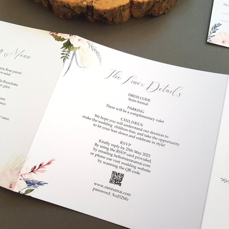 Blue & Pink Boho Trifold Wedding Invitation Sample